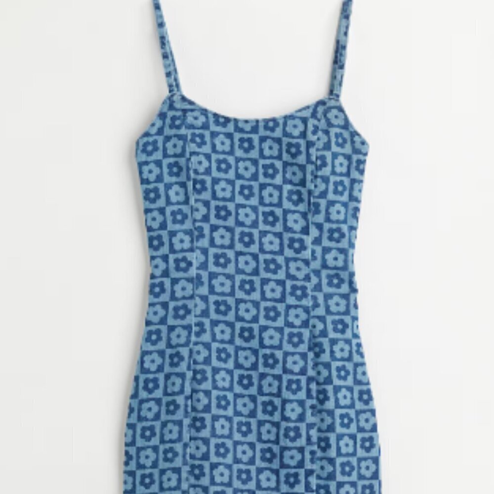 H&M Divided Fitted Mini Dress Y2K Checkerboard Daisy Denim Print Women’s Size XL